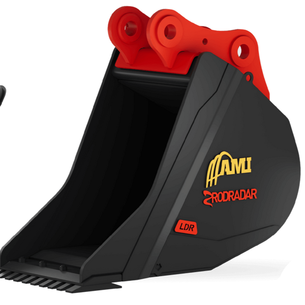 Two construction rodradar buckets with red and black design on a white background