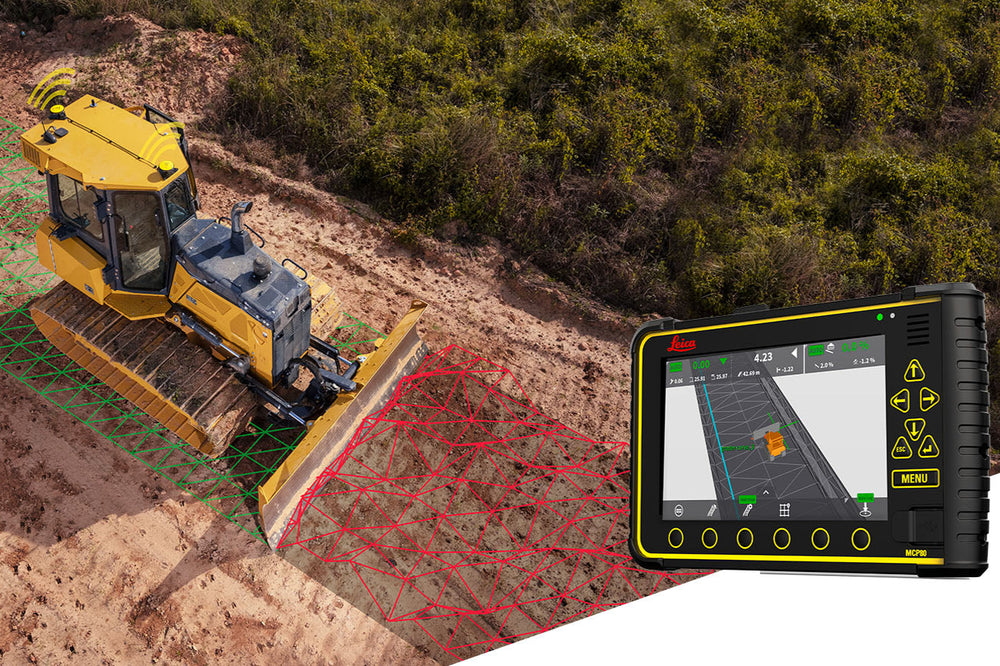 Excavator on a construction site with a person using a Leica device displaying a map.