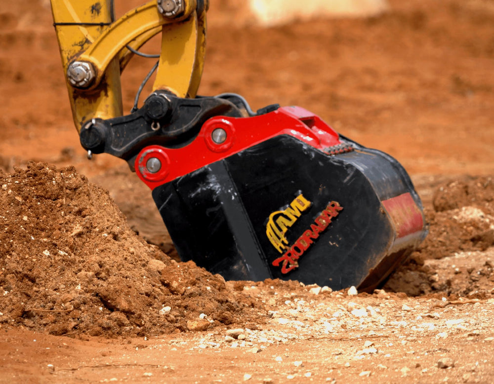 Two construction rodradar buckets with red and black design on a white background