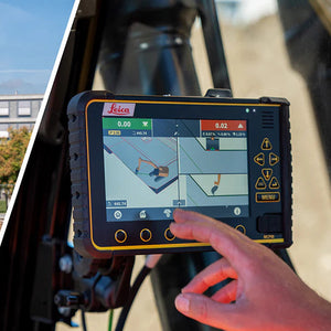 Excavator on a construction site with a person using a Leica device displaying a map.